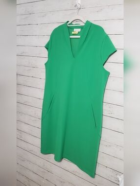 Gibson Latimer Vibrant Green V-Neck Midi Dress Cap Sleeves Pockets 2x